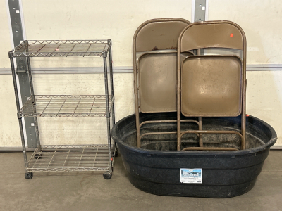Little Giant 40 Gallon Stock Tank, (2) Metal Folding Chairs and Rolling Rack