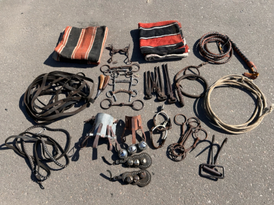Horse Tack Lot Includes: Antique Grooming Tools, Blankets, Bits, Spurs, Reins, Whips, and More.