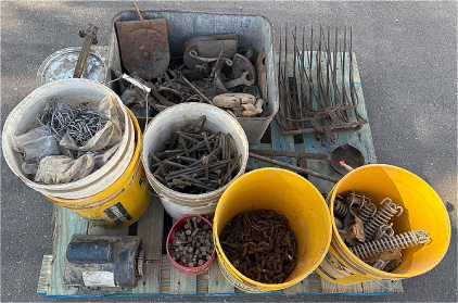 Franklin Electric Single Phase Motor, Various Chains, Pitchfork Heads, and Other Tools