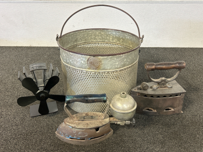 Vintage Industrial Lot that Includes Irons, Metal Basket, Stove Fan & More.