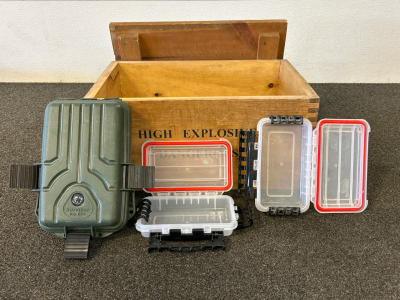 (3) Dry Boxes and Vintage Wooden Box "Safety Nitro Powder Dynamite" (17.5"x 12"x 8")