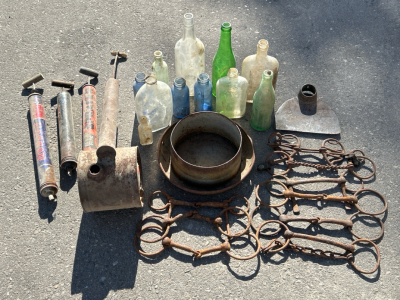 Antique Horse Bits, Glass Bottles, Sprayer and More