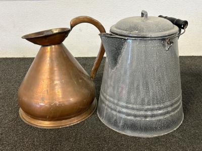 Vintage Copper Pitcher & Enamel Coffee Pot Set &ndash; Rustic Farmhouse Decor