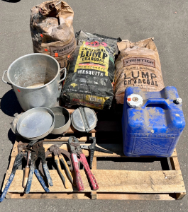 (3) Bags Of Lump Charcoal ( 2 Full and 1 Partial), Hand Tools, Stainless Camping Pots/ Pans and Aqua-Tainer Jug