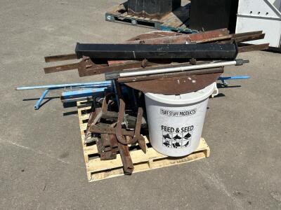 Pallet With Galvanized Trashcan, Feed Bucket, Vintage Saws, and Scrap Metal