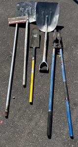 Collection Of Hamd Tools Including: Snow/ Scoop Shovels, Digging Spade, Fence Post Hole Digger and Concrete Tool