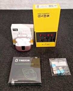 (1) Trezor Original Hardware Wallet, Factory Sealed, (1) Pair Of Wireless Earbuds, (1) Pair Of Wired Earbuds & (1) 3-Pack Of USB To USB C Adapters