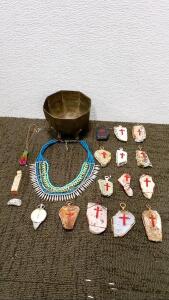 Decorative Bowl, (2) Necklaces, (13) Wire Wrapped Pendants, and More