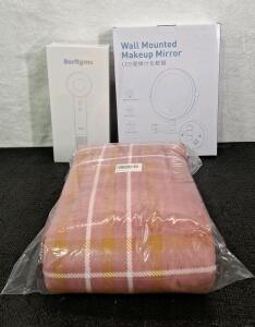 (1) Sorftyms Hair Dryer, (1) Wall Mounted, LED Lit Makeup Mirror & (1) Plush Throw Blanket