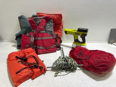 (1) Ryobi One 18V cordless Handheld Sprayer Kit with 15 Ah Battery and charger- & Assorted Sizes Of Life Vests & More