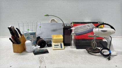 Assorted Home & Kitchen Goods (1) Hamilton Beach Mixer (1) Acculab Scale (3) Computer Key Boards (1) Texas Instruments TI-2200+ Calculator and more