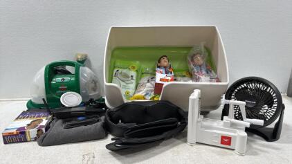 Assorted Items (1) Portable Carpet Spot Cleaner (1) Cat Litter Box W/ Litter (2) 40 yr Old Virgin Andy Talking Doll (1) Samsung Wireless Fast Charger (1) Honeywell Fan and more
