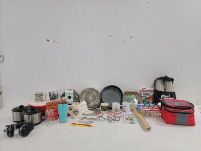 Baking and Kitchen Lot, Spring Form Pan set, (1) Nordicware Rose Bunt Pan, (1) 10" Spring Form (2) Crockpot Little Dipper Warmers, (2) Silicone Molds, Cookie Cutters, Bluetooth headphones w/ cords, Mugs and more