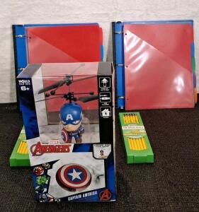 (1) World Tech Toys Marvel Captain America Flying Figure Helicopter, (2) 24-Count Packs Of Ticonderoga #2 Pencils & (1) 2-Piece 1" Expanding Ring Binder Set