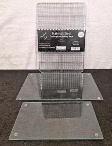 (1) 2-Piece Tempered Glass Cutting Board Set & (1) 2-Pack Of Checkered Chef Stainless Steel Baking Racks