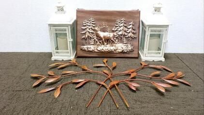 (2) Lanterns, Elk Plaque, and Hanging Decor