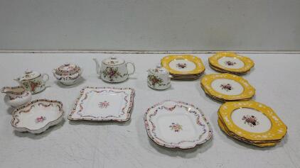 Minton Rose Garland Swag Set and Antique (15) Wedgwood Queen's Ivory Plates 8 1/4" Square