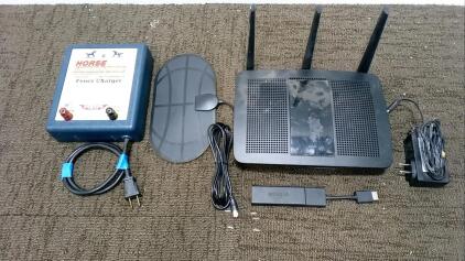 Electric Fence Charger, HDTV Antenna, Amazon TV Stick, and Linksys Router