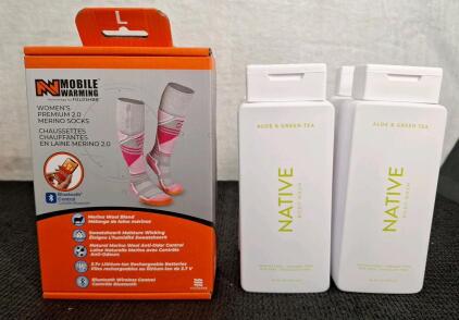 (1) Pair Of Mobile Warming Women's Heated Socks, Large & (4) 18-Oz Botles Of Native Body Wash, Aloe & Green Tea