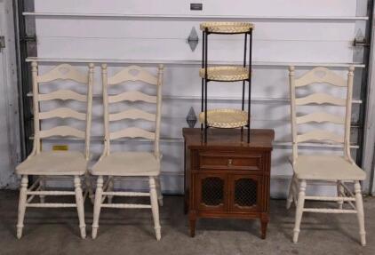 (1) 25"x 15"x 25&frac12;" Neoclassical Revival Mid-Century Modern Nightstand, (3) Matching (White) Accented Dining Chairs, & (1) DecMode 15" x 29&frac12;" Brown Metal 3-Tier Shelving Unit