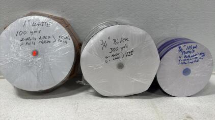 Assorted Velcro (4) Rolls Of 1&rdquo; White (6) Rolls Of 3/4&rdquo; Black (9) Rolls Of 3/4&rdquo; Purple Velcro (6) Rolls Of White 5/8&rdquo; Hook (6) Rolls Of White Loop 5/8&rdquo; (1) Roll Of Blue 5/8&rdquo; Loop (1) Roll Of Blue 5/8&rdquo; Hook
