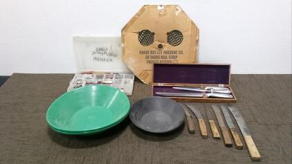 (8) Knives, (3) Gold Pans, Nail Strip, and More