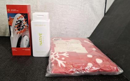 (1) Laser Hair Growth Comb, (2) 18-Oz Botles Of Native Body Wash, Aloe & Green Tea & (1) 50" x 60" Plush Throw Blanket