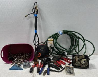 Assorted Tools (1) Tub Full Of Hand Tools (7) Pex Crimping Tools (1) Weed Burner (1) Garden Hose and more ..