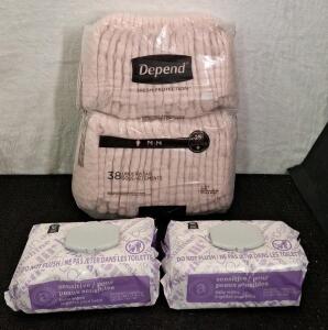 (1) 38-Count Pack Of Depend Pull-Ups - Adult Disposable Incontinence Underwear for Women, Pink, Medium & (2) 90-Count Packs Of Sensitive Skin Baby Wipes