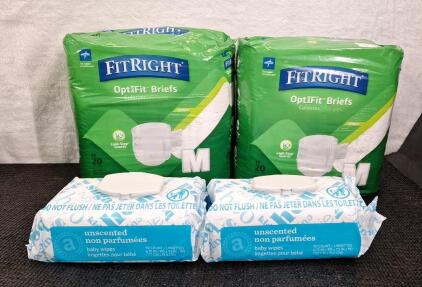 (2) 20-Count Packs Of Medline Opti-Fit Briefs - Adult Disposable Incontinence Underwear for Men and Women, White, Medium & (2) 90-Count Packs Of Unscented Baby Wipes