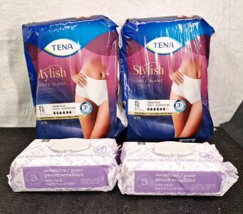 (2) 14-Count Pack Of Tena Pull-Ups - Adult Disposable Incontinence Underwear for Women, White, XL/TG & (2) 90-Count Packs Of Sensitive Skin Baby Wipes