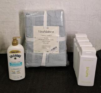 (1) 6-Piece Viva Maison - Premium 100% Turkish Cotton Towel Set, Grey, (1) 20-Oz Bottle Of Gold Bond Lotion & (4) 18-Oz Botles Of Native Body Wash, Aloe & Green Tea