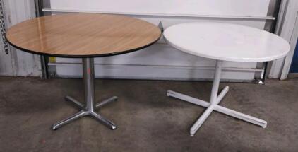 (1) 4'x 4'x 32" Round Wooden Top w/ Metal Legs & (1) (White) Round Wooden Table w/ Metal Legs