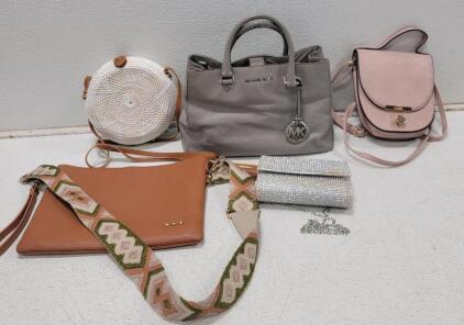 (1) Michael Kors Grey Leather Handbag, (1) Summer and Rose Pink Purse, (1) White Round Rattan Purse and More!