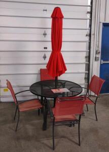 (1) (Black) Patio Table w/ (Red) Umbrella & (6) Matching (Red) Patio Chairs