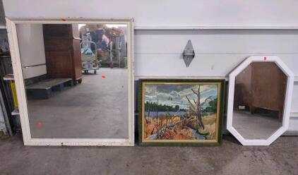 (1) Hand Painted Original Acrylic Painting Titled "Hunting" By Barbara Everett Made in 1970, (1) 16&frac12;"x 24&frac12;" Octagon Shaped Mirror, & (1) 30"x 34" Square Shaped Mirror