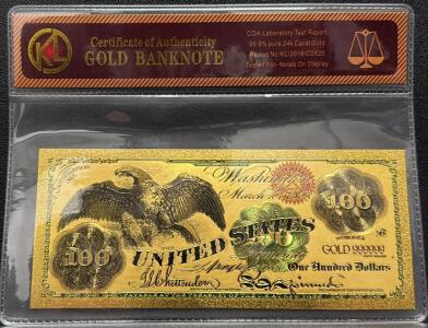 24k Gold-Plated $100 Replica Banknote, Serial GOLD 999999, COA Included