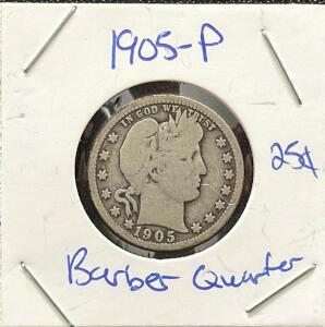 1905 Barber Quarter, Philadelphia Mint, 90% Silver Coin, U.S. Currency