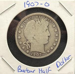 1907 Barber Half Dollar Coin, New Orleans Mint, 50 Cents, Silver