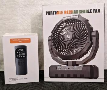 (1) Portable, Cordless Air Compressor & (1) Portable, Cordless Fan W/Light