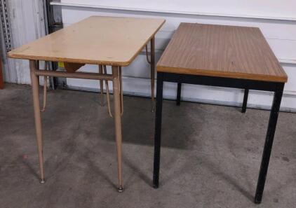 (1) 4'x 2'x 29" Wooden Table Top w/ (Black) Metal Legs & 47&frac12;"x 23&frac12;"x 30&frac12;" Wooden Table Top w/ (Tan) Metal Legs-Workshop Tables