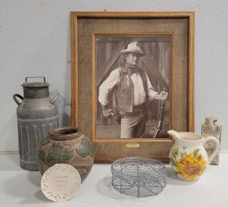 (1) Framed John Wayne Portrait, (1) Pier 1 Sunflower Pitcher,Decorative Milk Jug and More