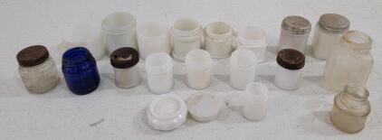 (13)Antique Milk Glass Cosmetic Jars, (1) Cobalt Glass Shaving Cram Jar and more