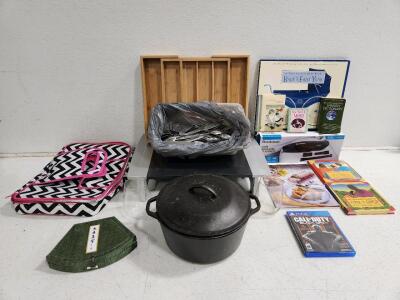 (1) Cast Iron Pot (1) Expandable Silverware Tray (1) Brookside Car Vacuum Cleaner And More