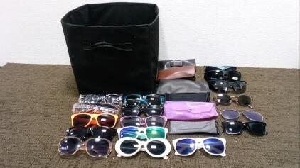 (17) Pairs of Sunglasses, (6) Cases, and an (11") Storage Cube