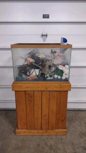 (1) 24"x 12&frac12;"x 17" Wooden Trim Fish Tank, (1) 26"x 14&frac12;"x 28" Matching Wooden Fish Tank Storage Stand w/ All Fish Accessories Inside Tank