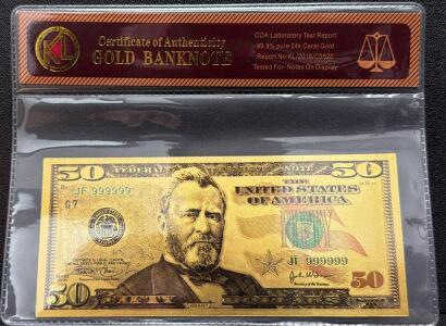 24k Gold-Plated U.S. $50 Banknote Replica, COA Included, Serial JF 999999