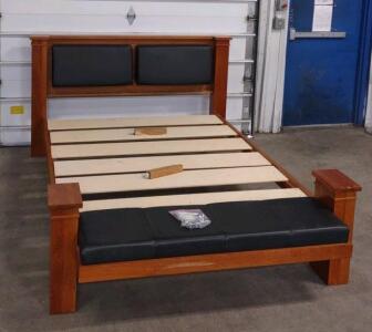 Wooden Bed Frame w/ Black Upholstered Headboard Panels & a Matching Upholstered Bench Built into the Footboard