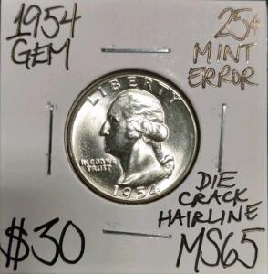 1954 MS65 Mint Error Gem Silver Quarter
