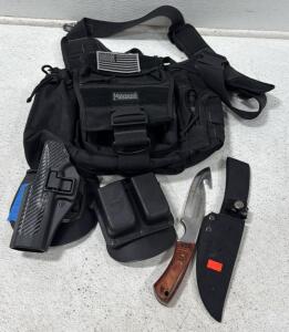 (1) Tactical Style Bag (1) Blackhawk Glock 17/19 LH Holster (1) Double Mag Holster (1) Winchester Knife